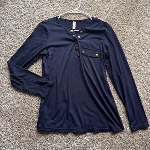 Elegant Navy Buttoned Long Sleeve Women's Top